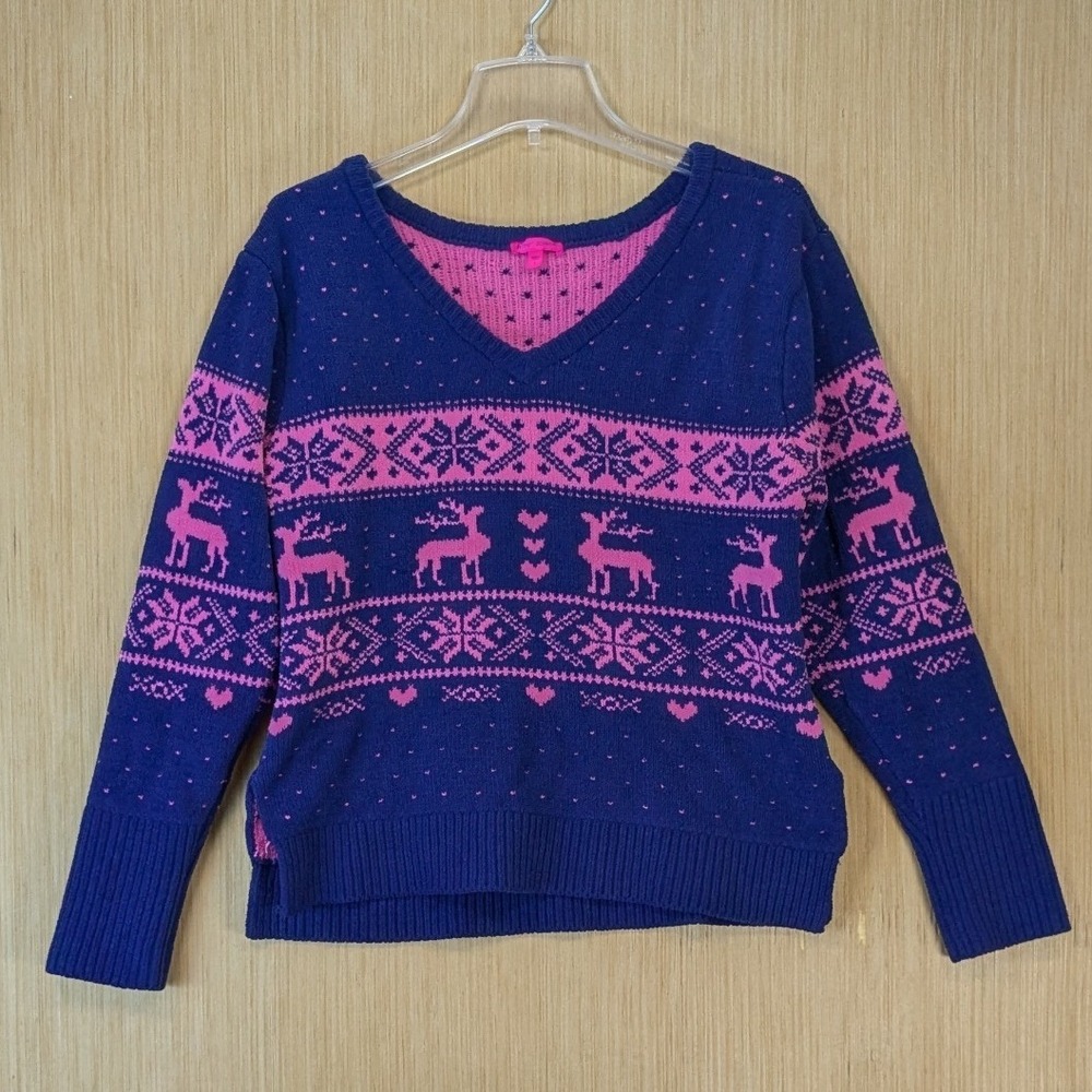 Betsey Johnson Womens Reindeer Fair Isle Cozy V-Neck Sweater Size L Blue Pink